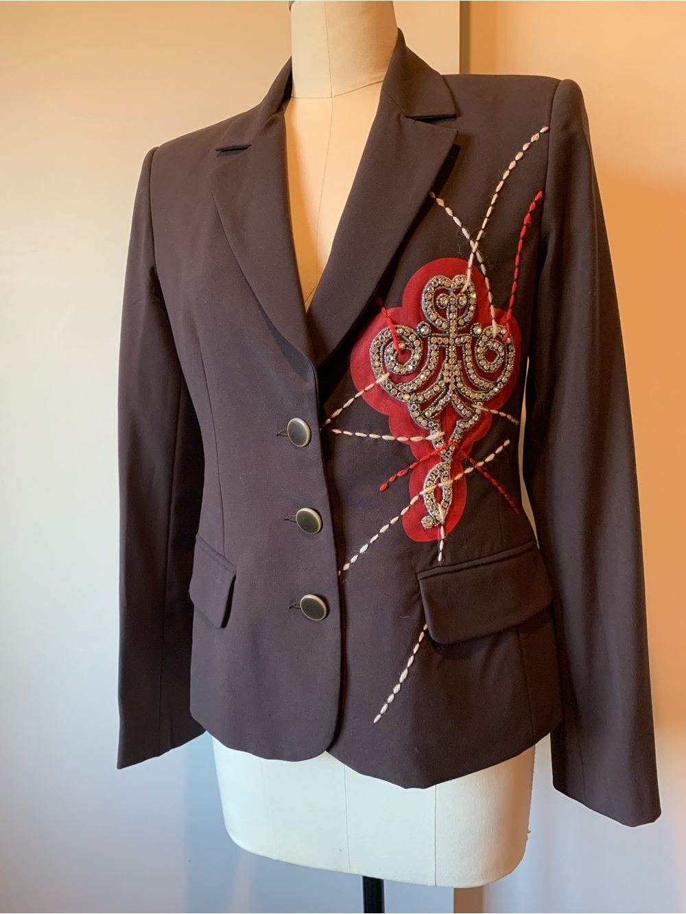 SPY Brown Blazer Jacket with Red Embellished Appliqué